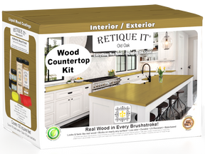 Retique It® Old Oak countertop kit with stains, showcasing a full kitchen countertop with natural wood grain and aged oak finish.