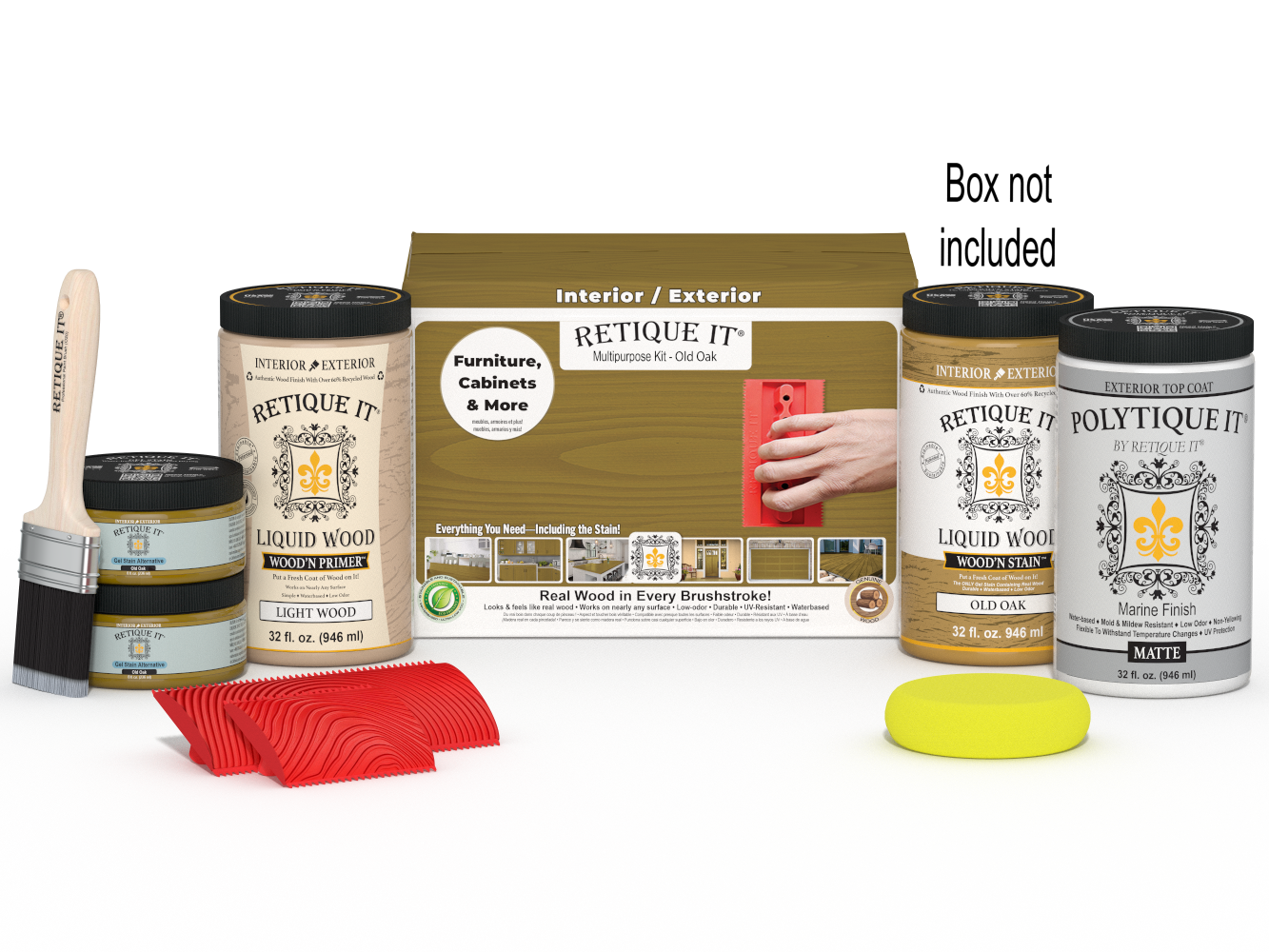 Large Old Oak Wood'n Finish Kit by Retique It® with exterior top coat and brush, suitable for multi-purpose wood finishing projects.
