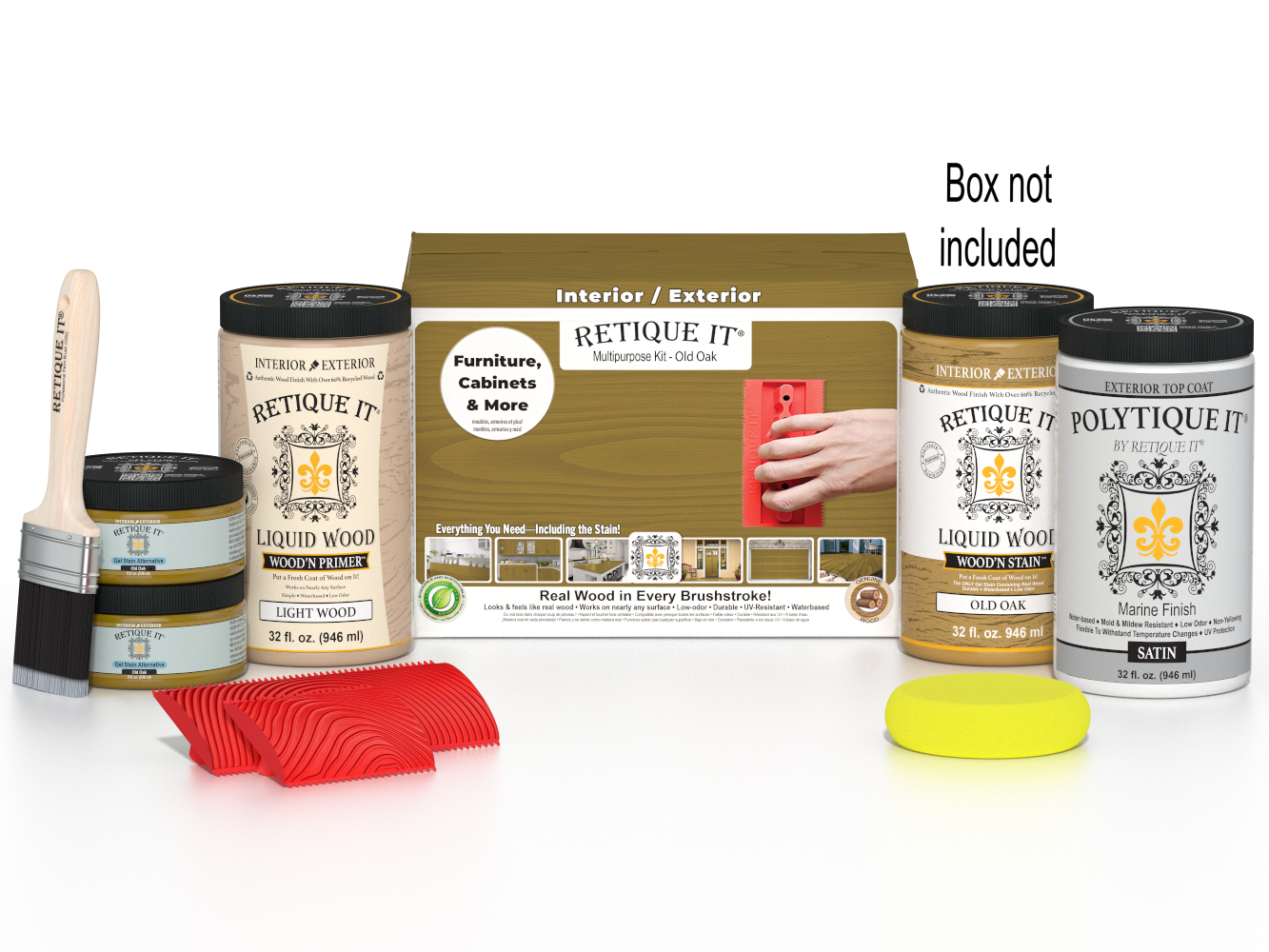 Large Old Oak Wood'n Finish Kit by Retique It® with exterior top coat, includes wood stain and finishing supplies in a colorful box.