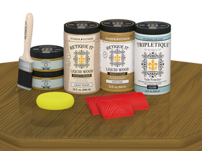 Retique It® Old Oak countertop kit with glossy stain finish applied on a kitchen countertop, showcasing rich wood grain and smooth surface.