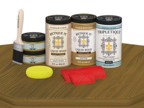 Retique It® Old Oak countertop kit with matte stain finish displayed on a kitchen countertop.