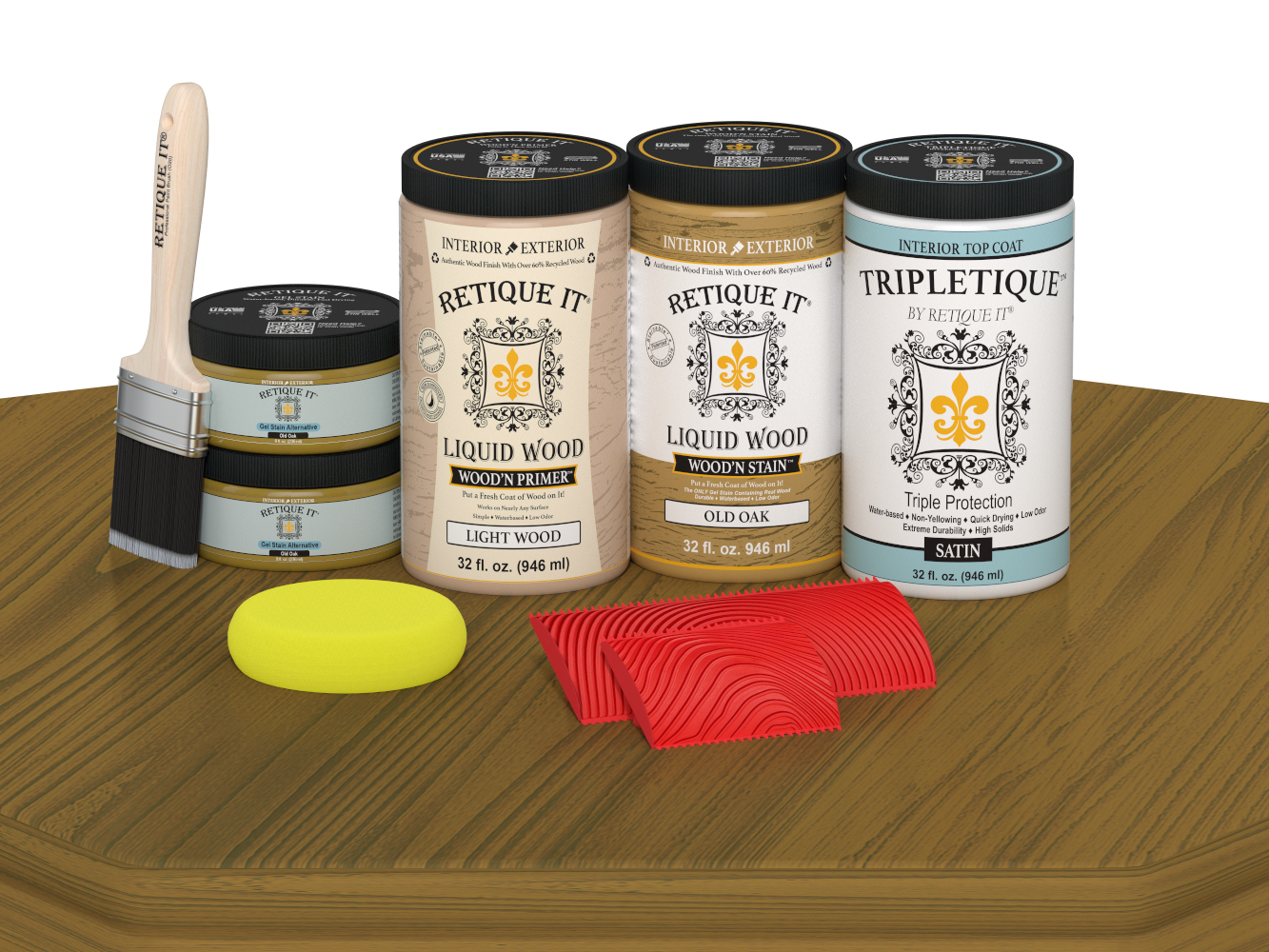 Retique It® Old Oak countertop kit with satin stain finish on a kitchen countertop, showcasing natural wood grain and color.