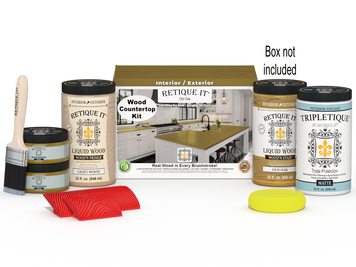 Retique It® Old Oak countertop kit with stain options, featuring a full kitchen setup on a natural wood surface.