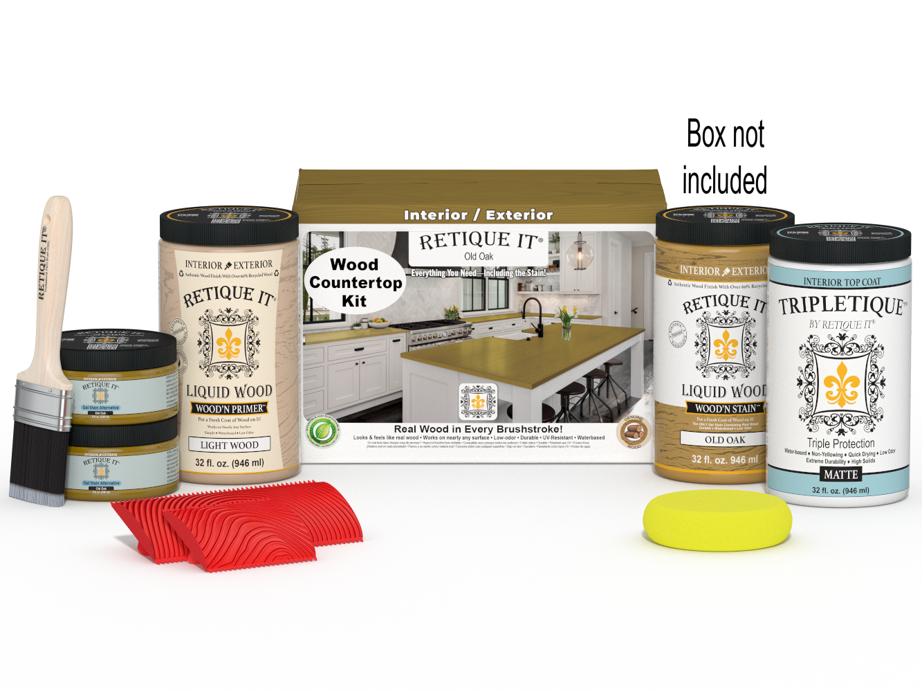Retique It® Old Oak countertop kit with stain options, featuring a full kitchen setup on a natural wood surface.