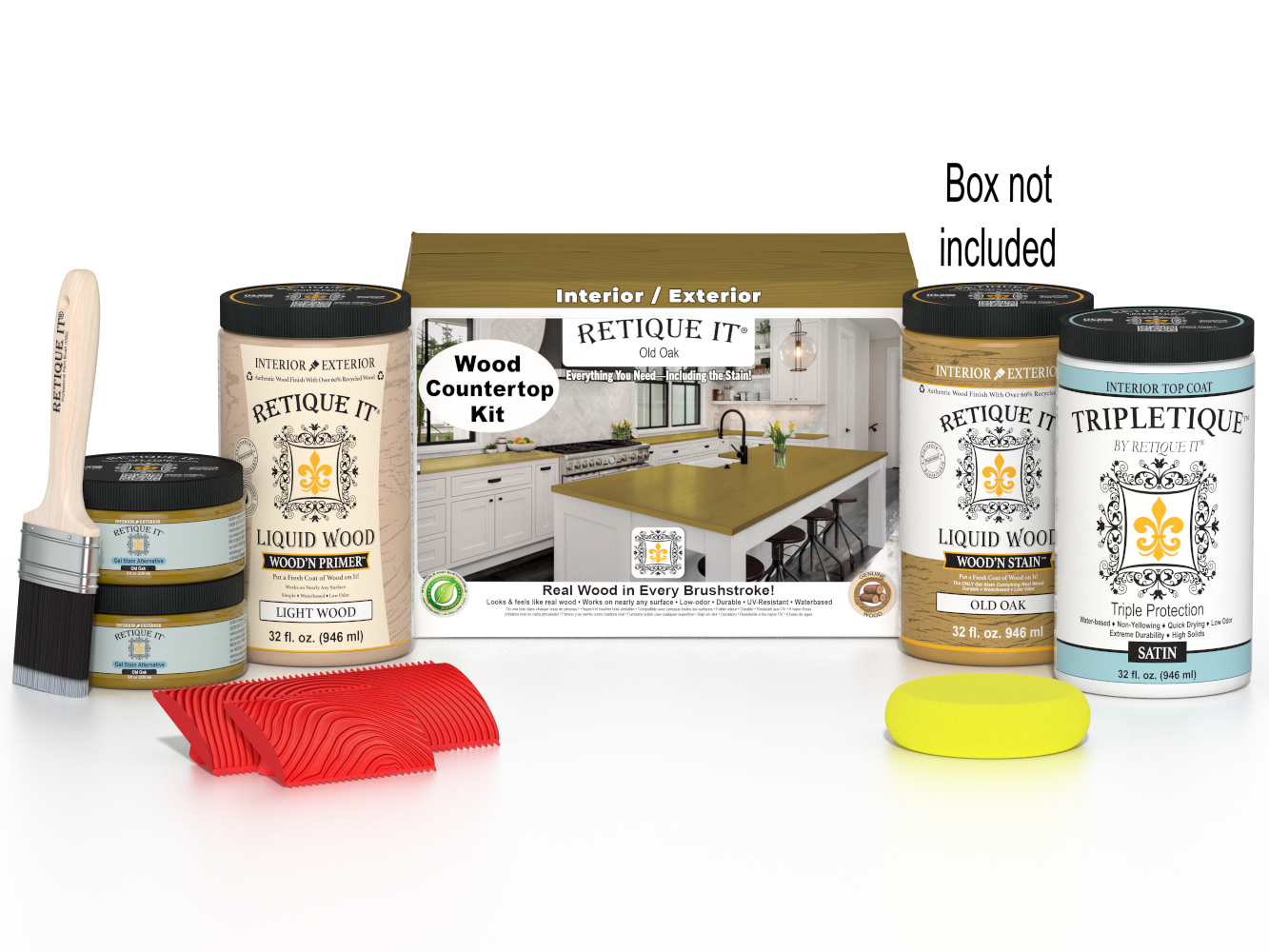Retique It® Old Oak countertop kit with stains, featuring a full kitchen setup on a wooden surface with tools and materials.
