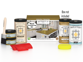 Retique It® Old Oak countertop kit with stains, featuring a full kitchen setup on a wooden surface with tools and materials.