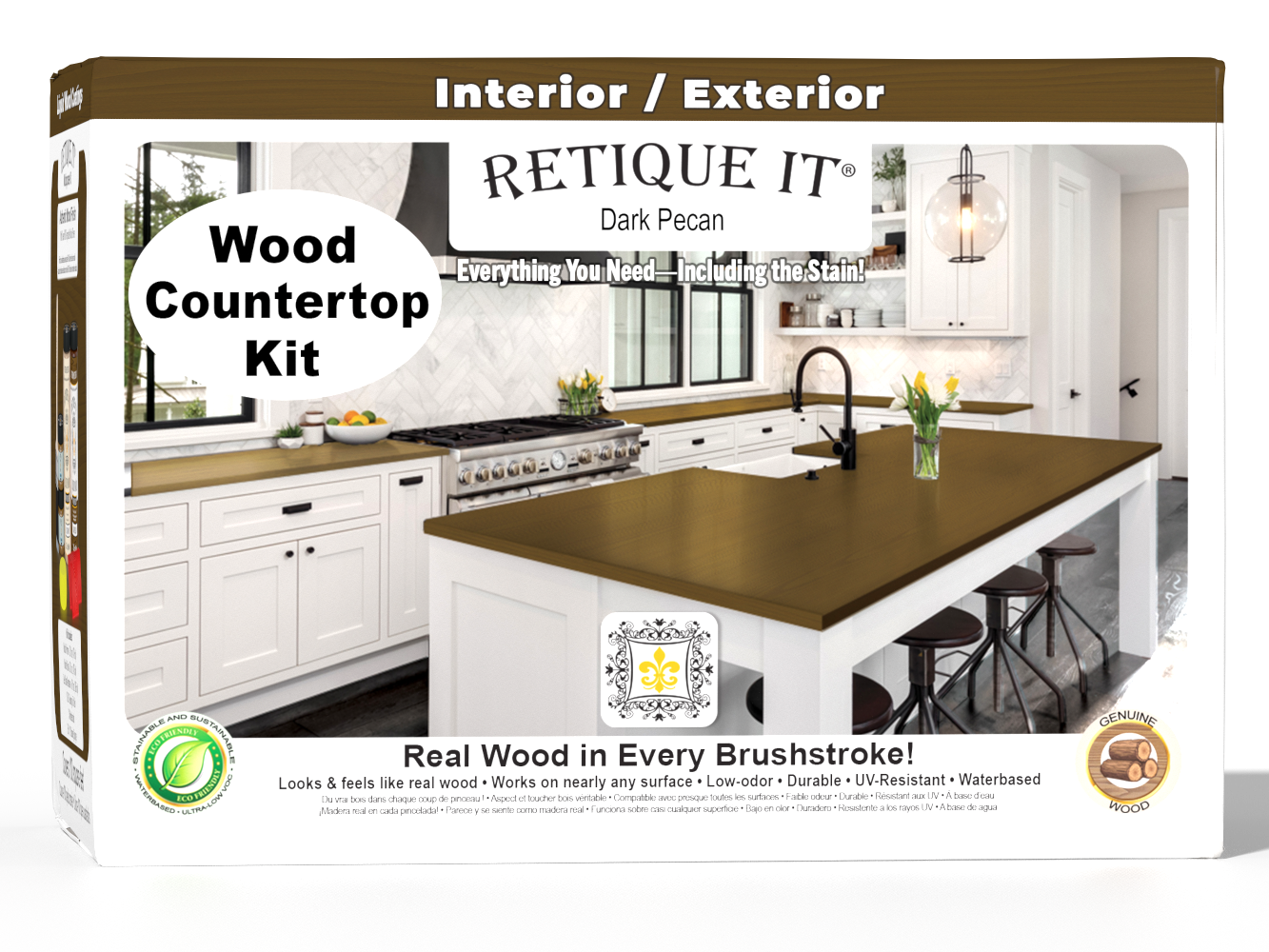 Retique It® dark pecan countertop kit with stains, showing a full kitchen countertop in a rich wood finish.