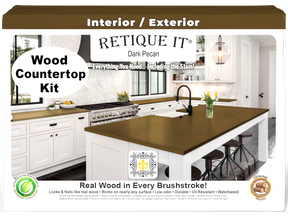 Retique It® dark pecan countertop kit with stain, showcasing a finished kitchen countertop in a full kitchen setting.