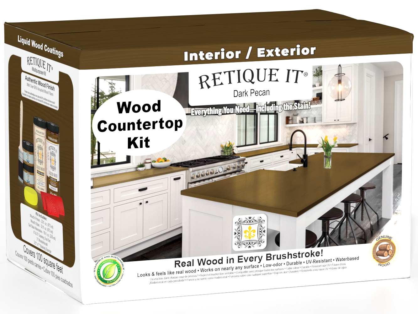 Retique It® dark Pecan countertop kit with stain, featuring a full kitchen setup and natural wood grain details.