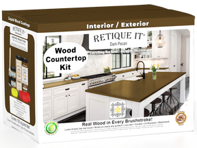 Retique It® dark Pecan countertop kit with stain, featuring a full kitchen setup and natural wood grain details.