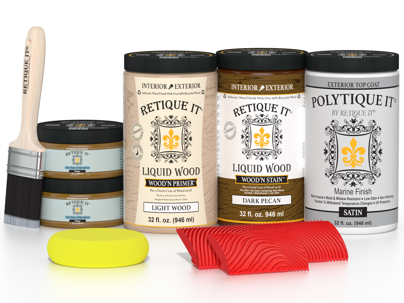 Large Dark Pecan Wood'n Kit exterior top coat by Retique It® with satin finish, showing wood surface and application tools.