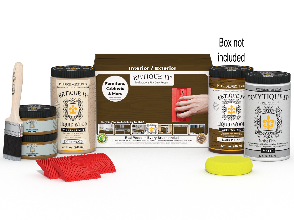 Large Dark Pecan Wood'n Kit by Retique It® with exterior top coat in a box, includes wood finish supplies for multi-purpose projects.