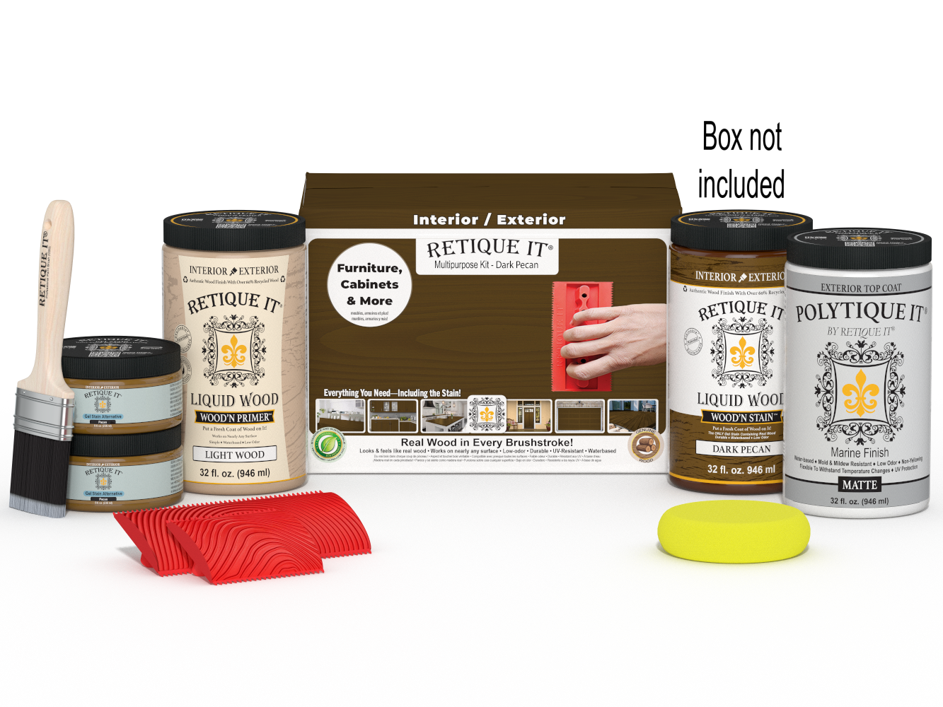 Large Dark Pecan Wood'n Kit exterior top coat by Retique It® for multi-purpose wood finishing, shown in a box with applicator tools.