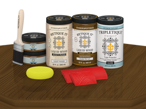 Retique It® dark pecan countertop kit stain applied on a kitchen countertop with a glossy finish, showing rich wood tones.