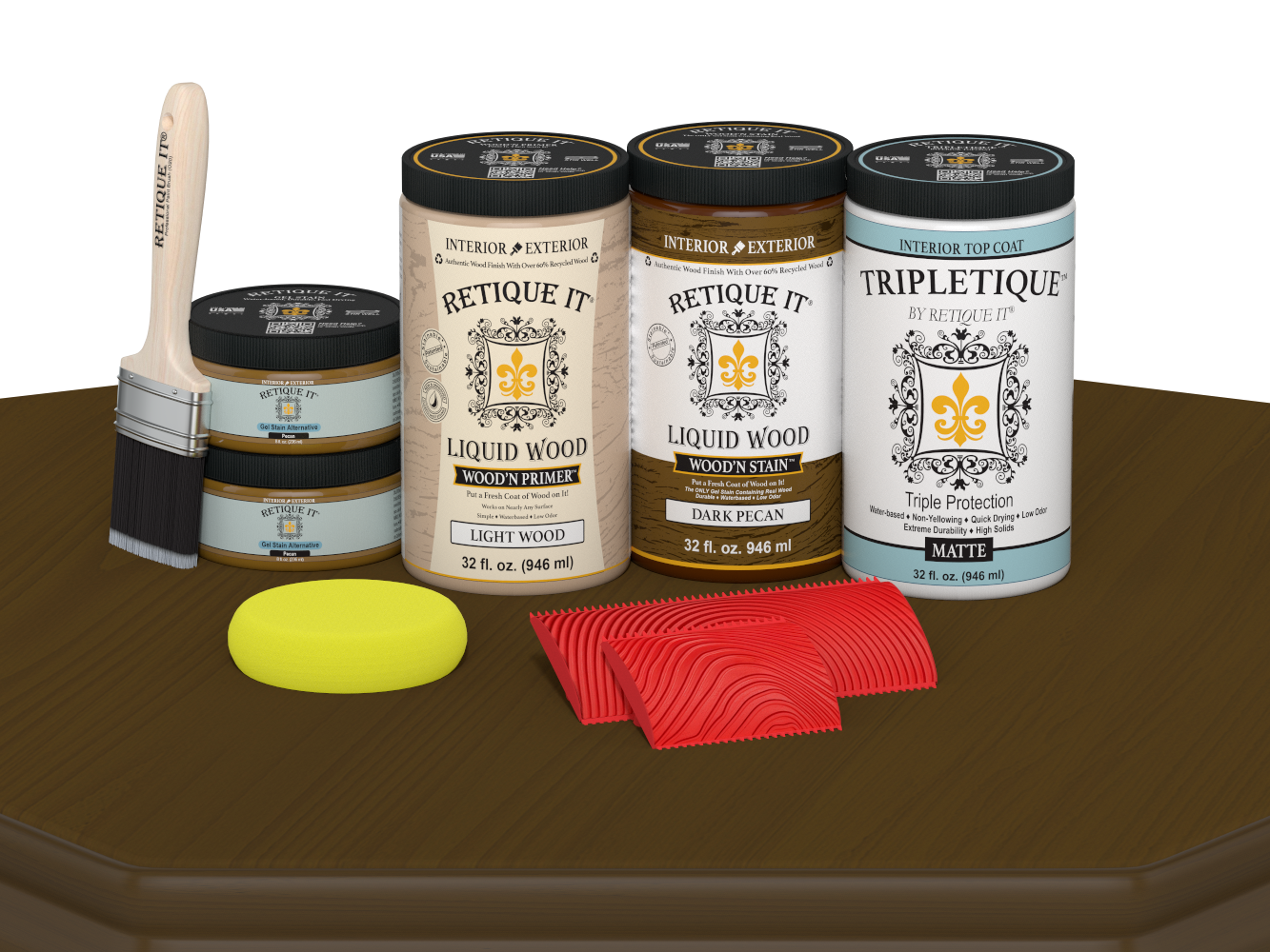 Large Dark Pecan Wood'n Kit by Retique It® for interior finishing, including top coat and application tools on a table.