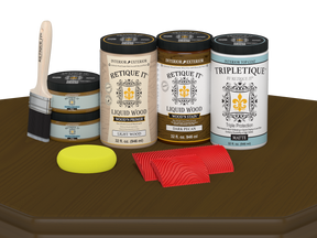 Large Dark Pecan Wood'n Kit by Retique It® for interior finishing, including top coat and application tools on a table.