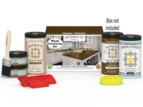 Retique It® dark pecan countertop kit with stains, featuring a full kitchen setup and a dark wood finish for countertops.