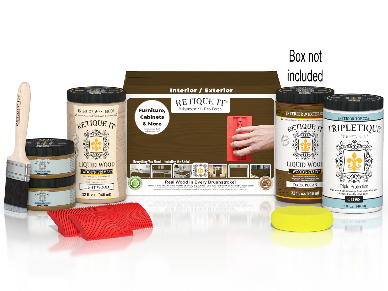 Large Dark Pecan Wood'n Kit by Retique It® for interior finishing, includes wood finish products and accessories in a box.