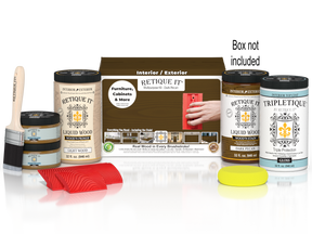 Large Dark Pecan Wood'n Kit by Retique It® for interior finishing, includes wood finish products and accessories in a box.
