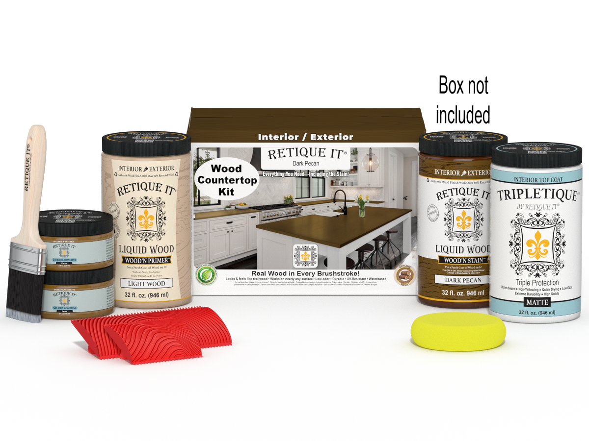Dark Pecan countertop kit from Retique It® for full kitchen staining, includes stain bottles and applicator tools.