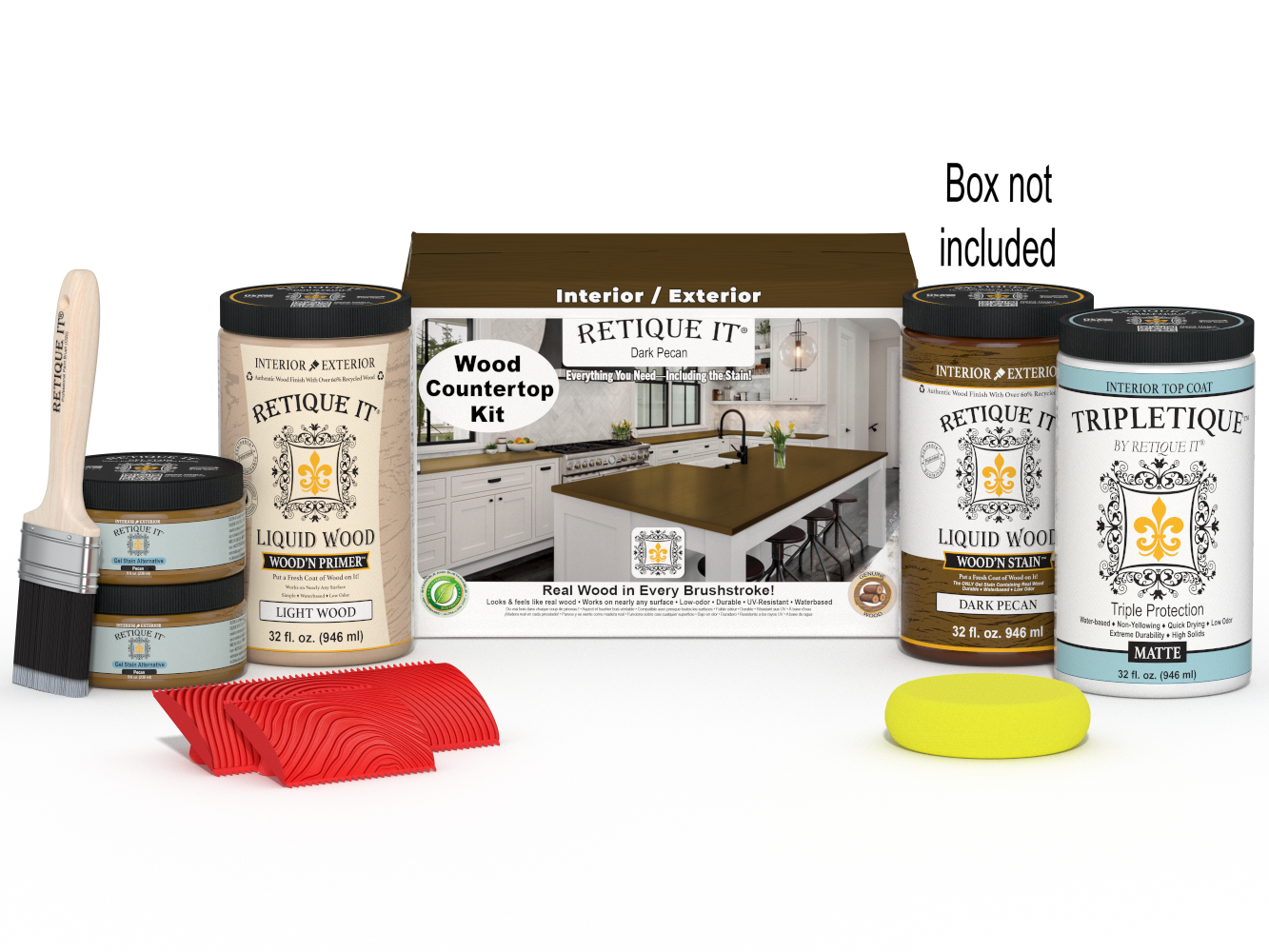 Dark Pecan countertop kit from Retique It® for full kitchen staining, includes stain bottles and applicator tools.