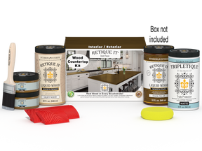 Dark Pecan countertop kit from Retique It® for full kitchen staining, includes stain bottles and applicator tools.