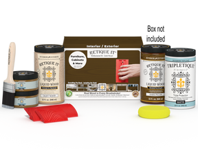 Large Dark Pecan Wood'n Kit Interior Top Coat by Retique It® in a box, includes wood finish supplies and tools for wood projects.