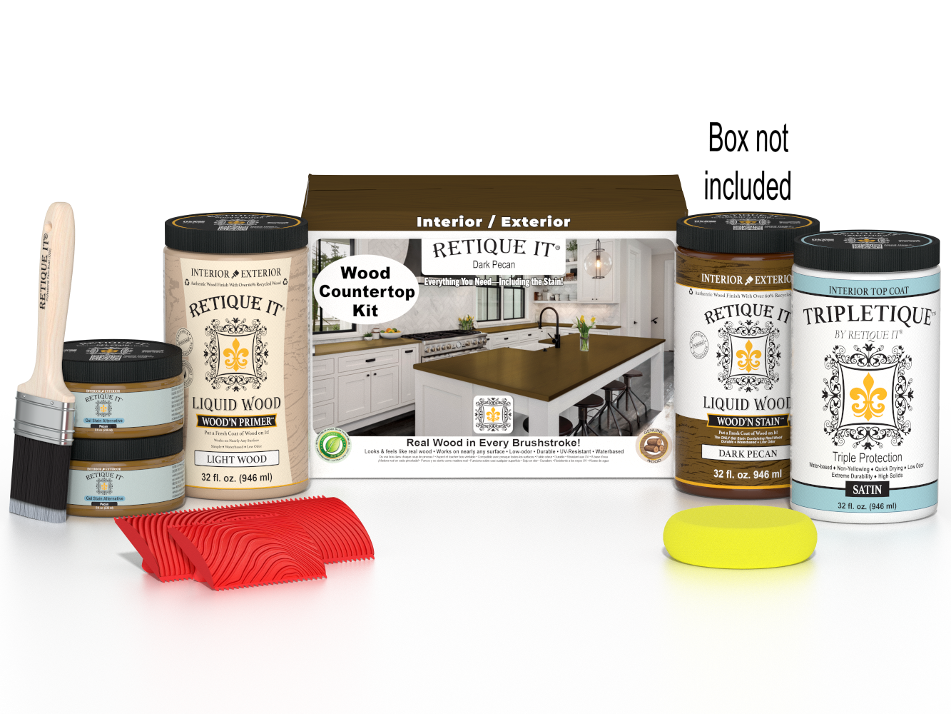 Retique It® dark pecan countertop kit with stain and applicator tools for full kitchen renovation, shown with box and sample application.