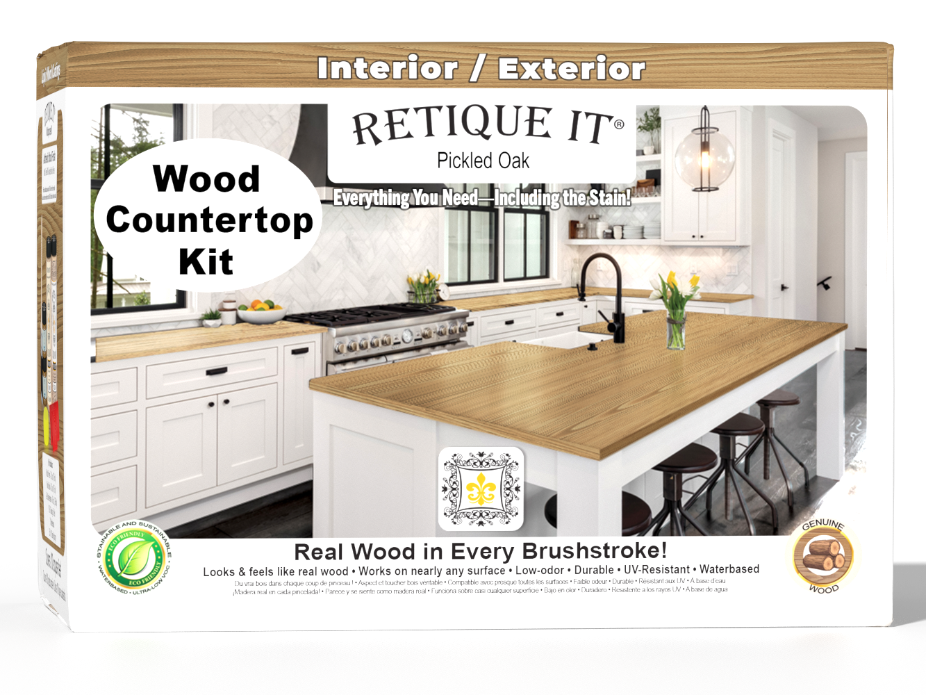 Retique It® Pickled Oak countertop stain kit showing a full kitchen countertop with a pickled oak finish and stain application.