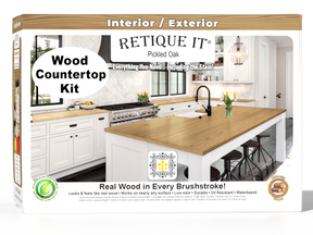 Retique It® Pickled Oak countertop stain kit showing a full kitchen countertop with a pickled oak finish and stain application.