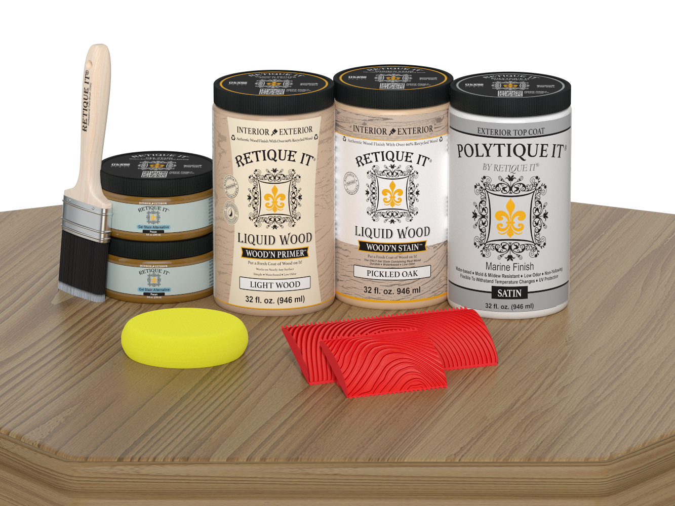 Large Pickled Oak Wood'n Finish Kit by Retique It® with satin top coat, including brushes and wood treatment tools.