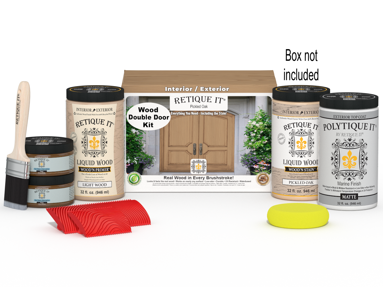 Double front door kit by Retique It® in Pickled Oak stain, showcasing the stained wood finish and packaging for the Wood'n Finish product.