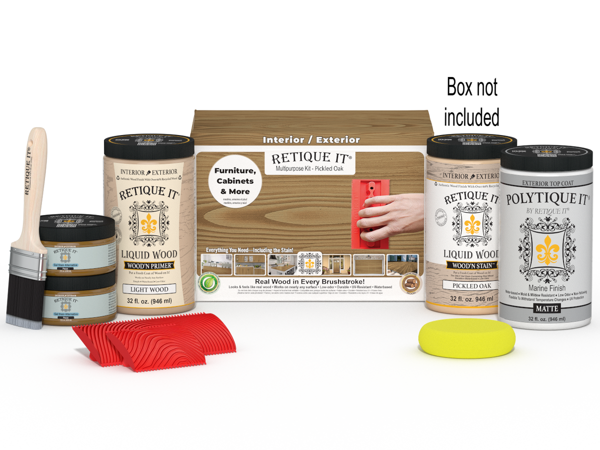 Large Wood'n Kit by Retique It® in Pickled Oak for exterior top coat, includes finish bottles and application tools.