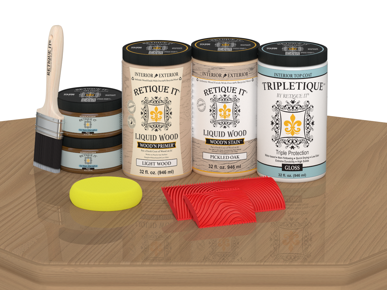 Retique It® Pickled Oak countertop kit with glossy stain applied on a kitchen countertop showing the wood grain and finish.
