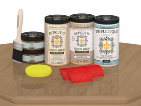 Retique It® Pickled Oak countertop kit with glossy stain applied on a kitchen countertop showing the wood grain and finish.
