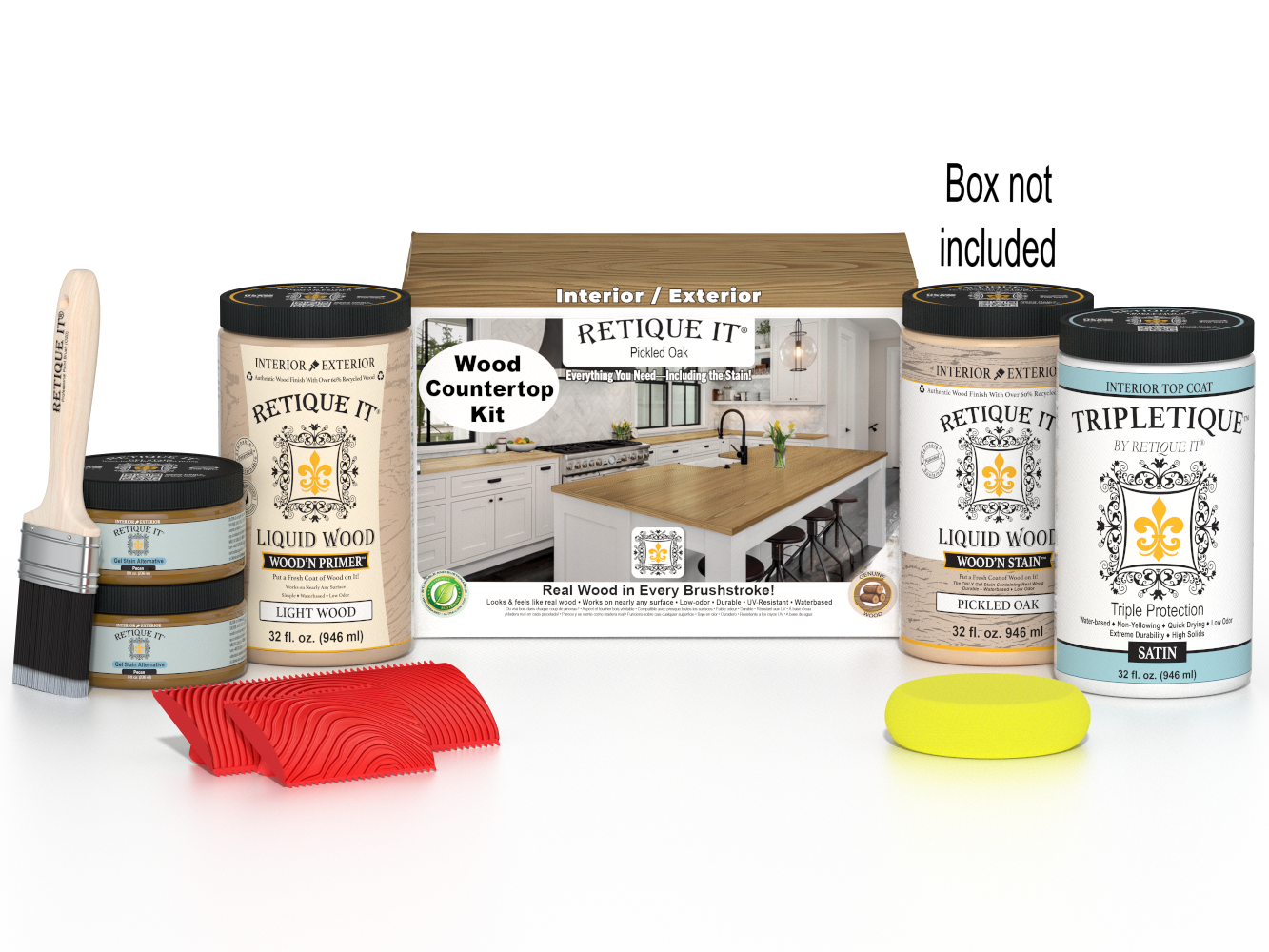 Retique It® Pickled Oak countertop kit with stain, featuring a full kitchen setup and a boxed display of the product.