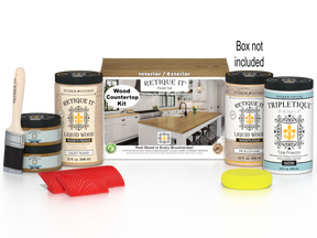 Retique It® Pickled Oak countertop kit with stain, featuring a full kitchen setup and a boxed display of the product.