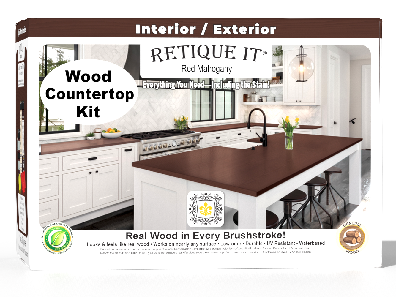 Retique It® red mahogany countertop kit with stains, shown as a 3D box image for full kitchen countertop renovation.