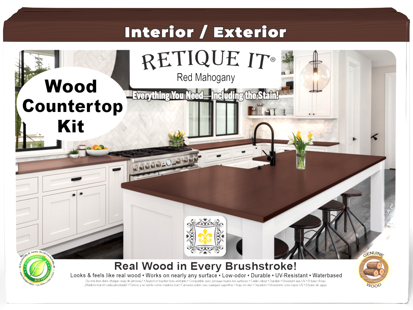 Retique It® red mahogany countertop kit showing a finished kitchen surface with rich, deep wood stain in a modern full kitchen setting.