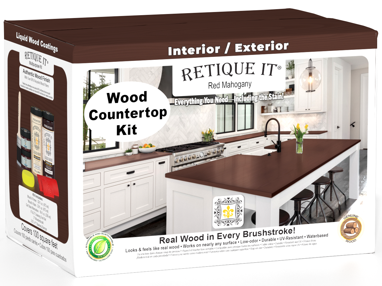 Retique It® Red Mahogany countertop stain kit with full kitchen countertop image showing rich wood grain and color.