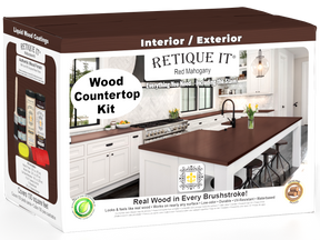 Retique It® Red Mahogany countertop stain kit with full kitchen countertop image showing rich wood grain and color.