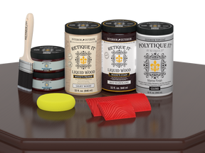 Large Red Mahogany Wood'n Finish Kit by Retique It® with exterior top coat and gloss finish, including wood finish tools and supplies.