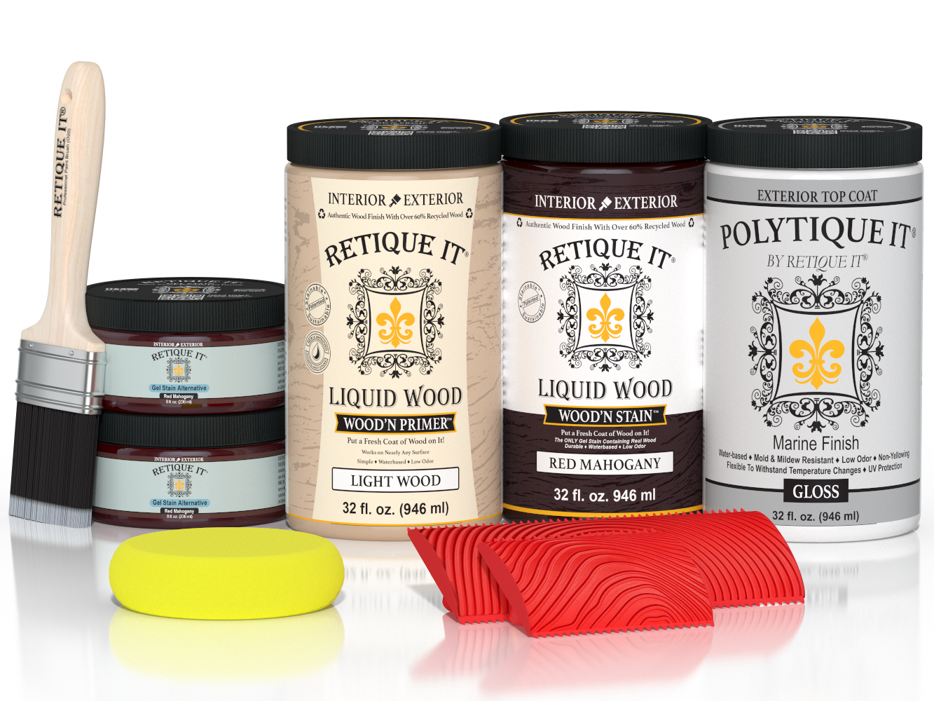 Large Red Mahogany Wood'n Finish Kit by Retique It® with exterior top coat, includes wood stain and finishing supplies.