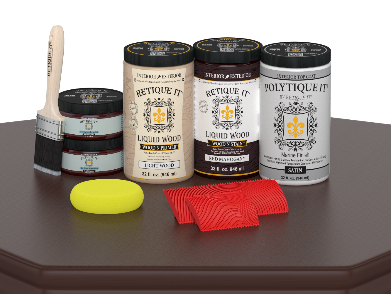 Large Red Mahogany Wood'n Finish Kit by Retique It® with exterior top coat for wood projects, featuring satin finish on a wooden surface.