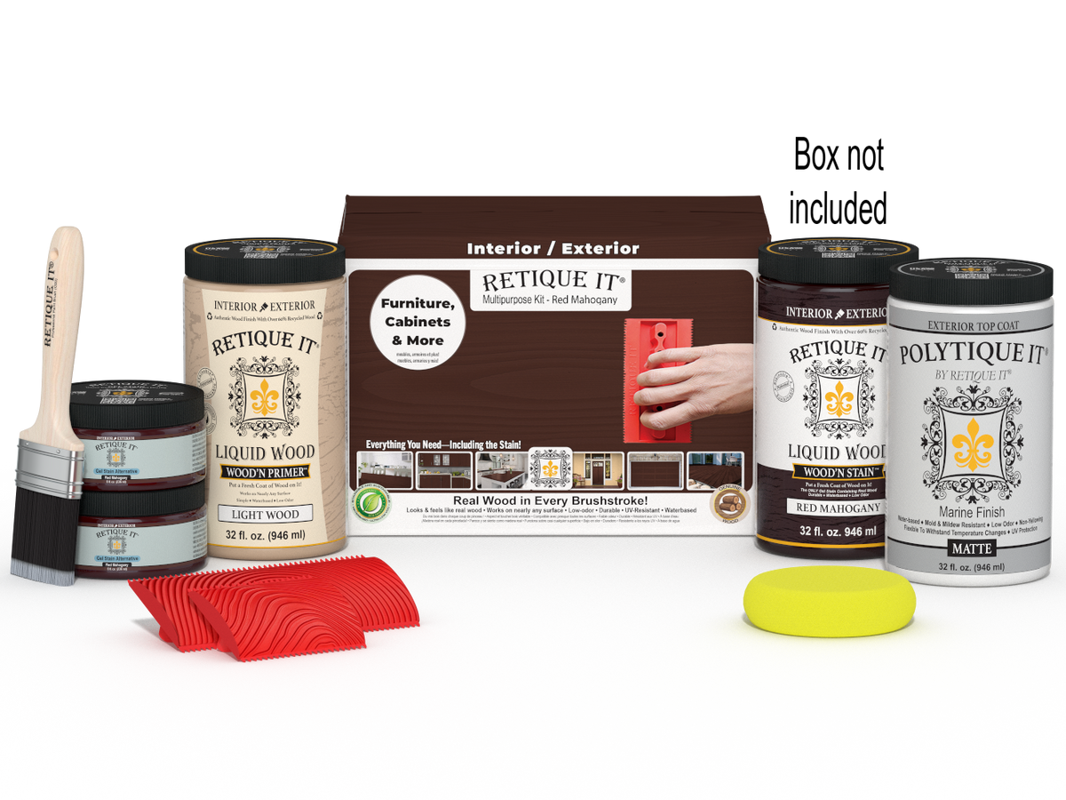 Large Red Mahogany Wood'n Finish Kit by Retique It® with exterior top coat and applicator tools in a box for wood finishing projects.