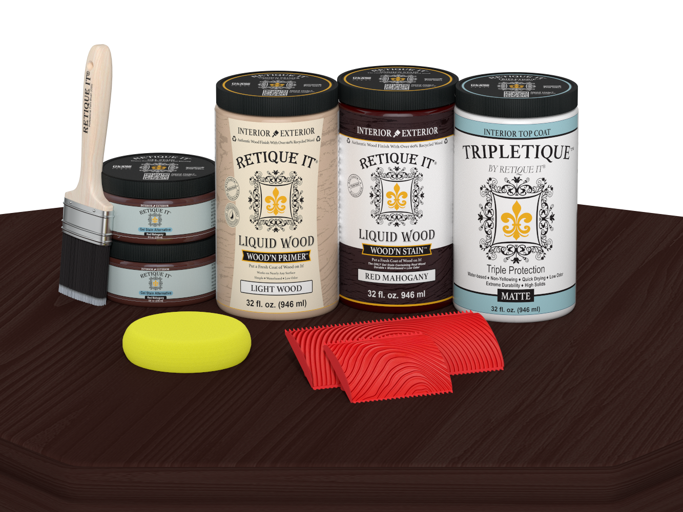 Retique It® Red Mahogany countertop stain kit for full kitchen, matte finish on a wooden surface.