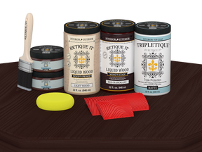 Retique It® Red Mahogany countertop stain kit for full kitchen, matte finish on a wooden surface.