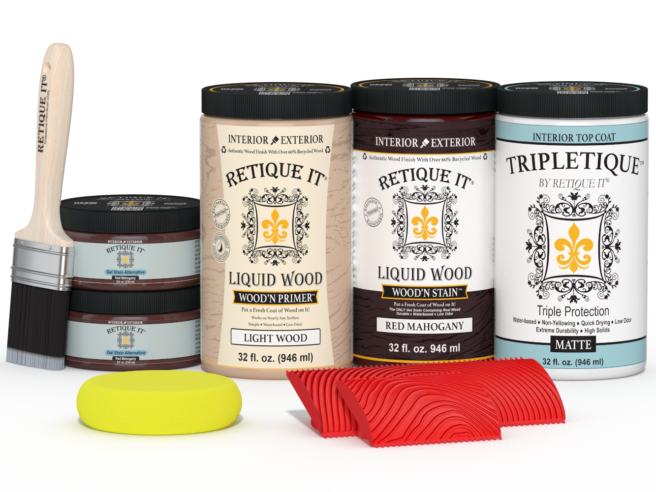 Retique It® Red Mahogany countertop kit with stains, showing a smooth, matte finish on a kitchen countertop surface.