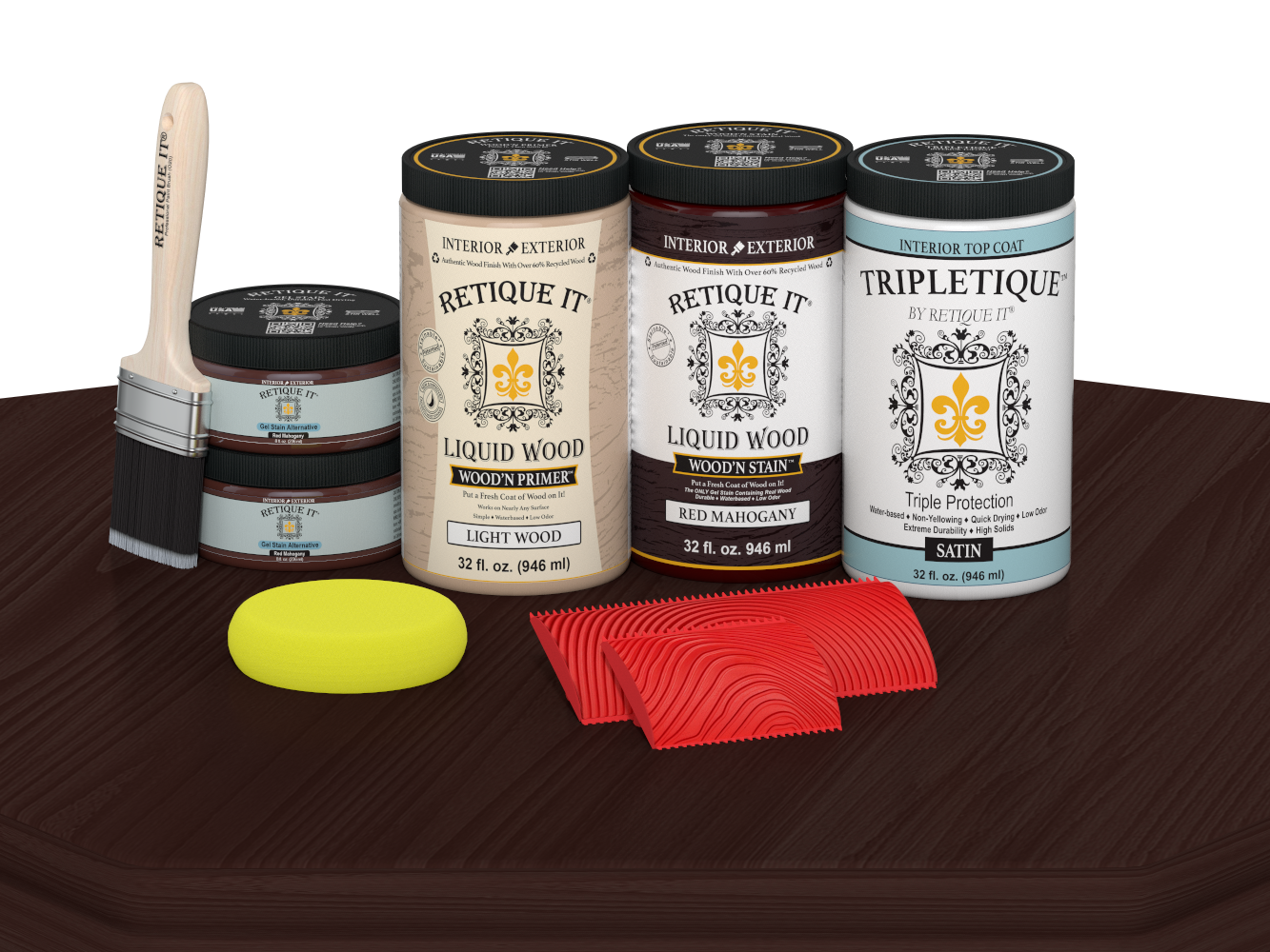 Retique It® red mahogany countertop stain kit for full kitchen renovation, satin finish applied on a kitchen surface.