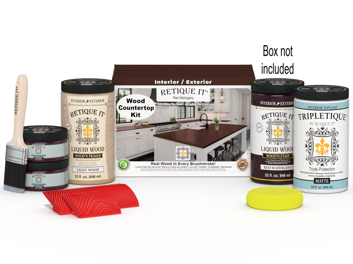 Retique It® Red Mahogany countertop stain kit with brushes and tools for full kitchen renovation.
